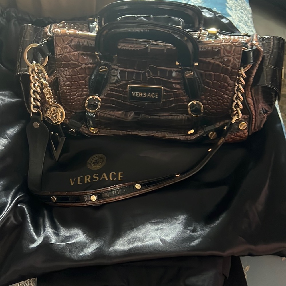 Versace authentic patten leather large handbag, 13” long by 7 1/2” wide.